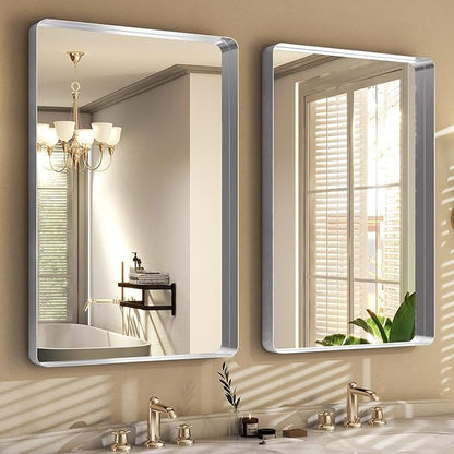 Easly Silver Bathroom Mirror for Wall, 30x22 Inch Rectangular Aluminum Alloy Framed Mirror, Modern Wall Mounted Vanity Mirror for Bathroom, Vertical or Horizontal