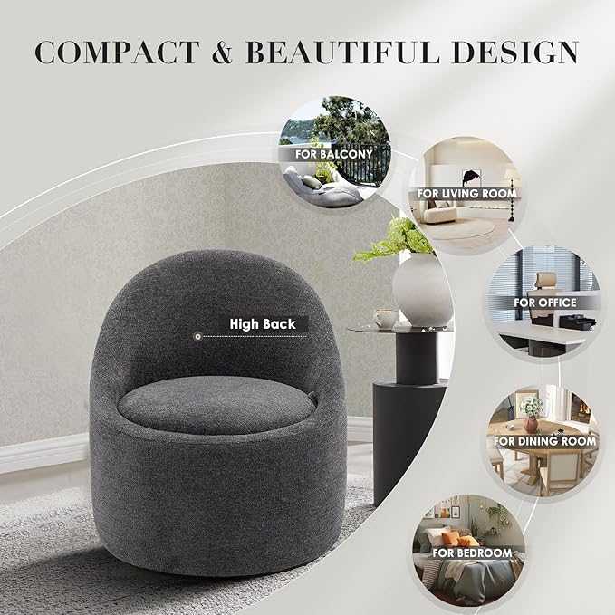 COLAMY Swivel Accent Chair, 360° Swivel Chair with Hidden Storage, Modern Small Barrel Swivel Armchair for Living Room/Bedroom, Dark Grey