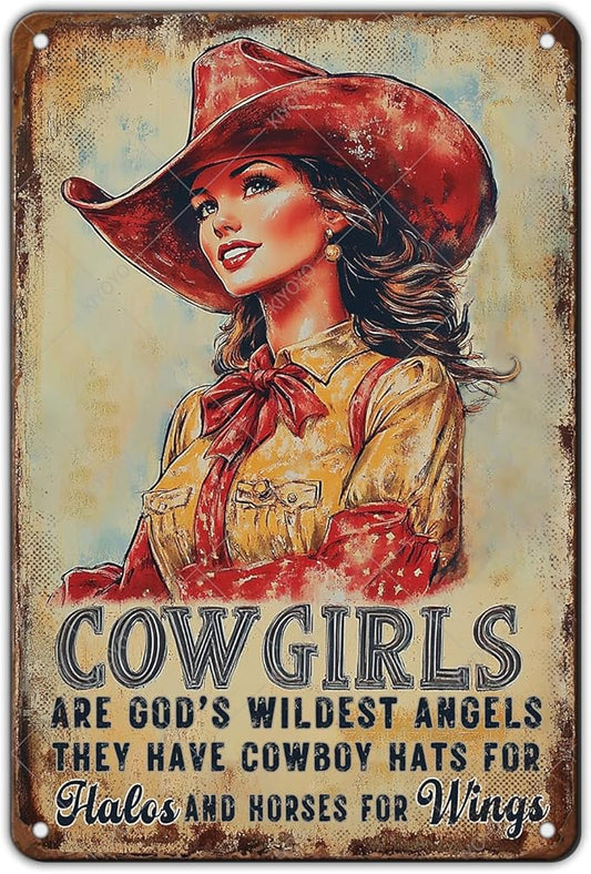Cowgirl Sign Vintage Metal Tin Sign Cowgirl Are God's Wildest Angels They Have Cowboy Hats for Halos and Horse for Wings Teen Girls Room Decor Wall Art Print 12x8 Inch