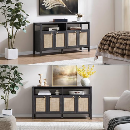 SICOTAS Rattan TV Stand for Television up to 65 Inch - 29.5" Tall Entertainment Center with Storage and Open Shelves,Boho Credenza TV Console Cabinet with 4-Doors and Adjustable Shelf for Living Room