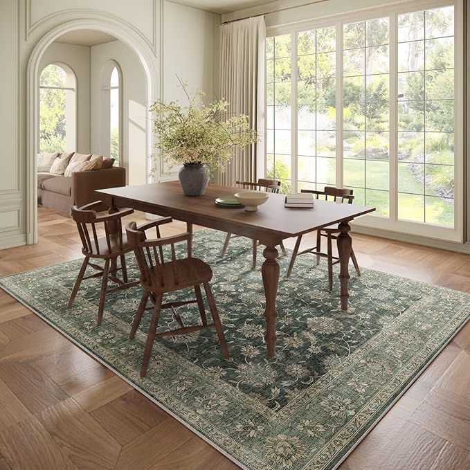 Washable 6x9 Area Rugs for Living Room, Boho Non-Slip Vintage Distress Large Rugs for Bedroom Dining Room Nursery Office, 0.3" Neutral Oriental Throw Thin Carpet, Sage Green/Multi, E1
