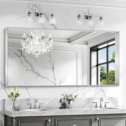 CIRCUMI Silver Bathroom Mirror, 30"x60" Rectangular Mirror with Deep Metal Frame, Brushed Finish, Tempered Glass, Large Mirror for Wall, Over 2 Sinks, Installed Vertically/Horizontally, Crystal-Clear