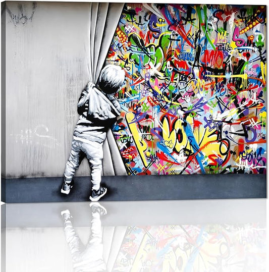 Banksy Graffiti Wall Art Behind The Curtain Classic Street Art Printing Colorful Canvas Paintings Posters and Pictures Prints Framed Modern Home Decor Artwork for Living Room(24''W x 18''H)