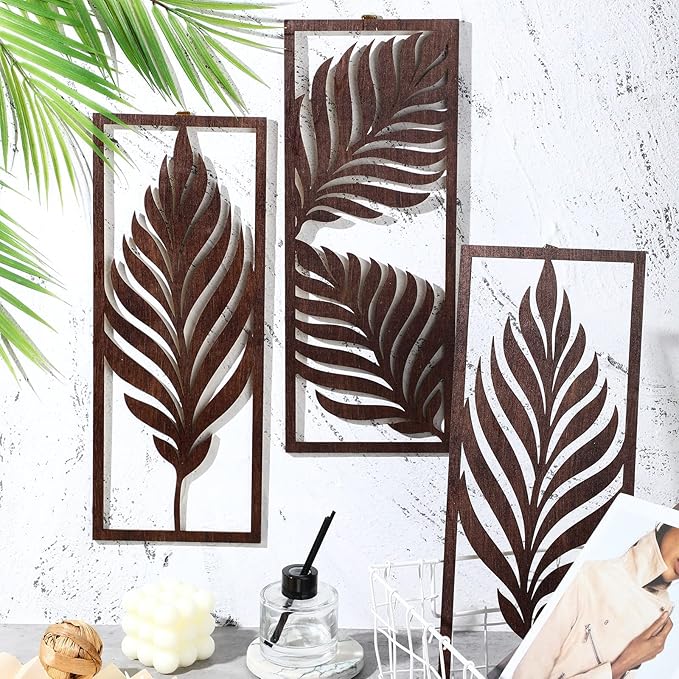 3 Pcs Palm Leaves Wooden Art Wall Decor 14.57 x 5.79 Inch Boho Wood Leaves Plant Wall Accent Vintage Tropical Plant Plaque for Home Bathroom Living Room Bedroom Office Decoration