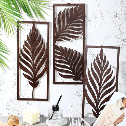 3 Pcs Palm Leaves Wooden Art Wall Decor 14.57 x 5.79 Inch Boho Wood Leaves Plant Wall Accent Vintage Tropical Plant Plaque for Home Bathroom Living Room Bedroom Office Decoration