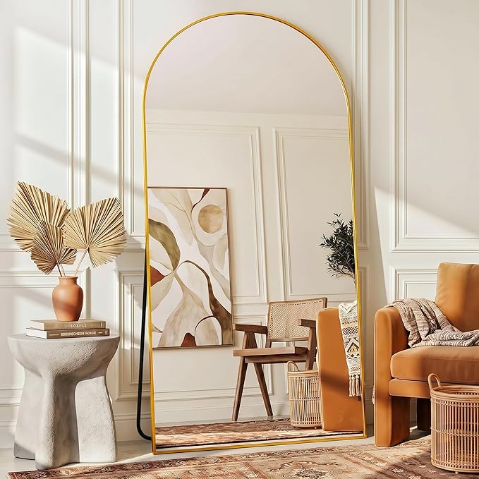 Full Length Mirror, 41"x81" Arched Floor Mirror Freestanding, Floor Standing Full Body Mirror with Stand for Bedroom, Hanging Mounted for Living Room Cloakroom, Gold