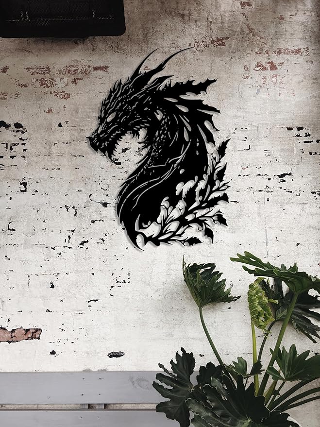 Benziso Dragon Metal Wall Art Medieval Decor Fantasy Decorations for Living Room Bedroom Office Man Cave Decor for Men Dragon Lover's Gifts (14.2 In X 11.4 In Black