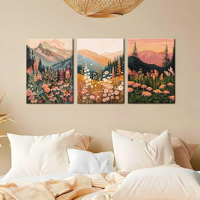 Framed Wildflower Mountain Landscape Wall Art Set of 3, Colorful Floral Wall Decor, Boho Sunset Landscape Canvas Artwork, Earth Tone Botanical Poster Prints for Living Room Bedroom 16x24 Inch