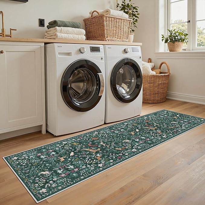 Runner Rug Washable Runners Kitchen Rugs Non Slip Neutral Floral Carpet Low Pile for Indoor Hallways Entryway Living Room Bedroom Laundry Soft Mat 2'6''x8' Dark Green