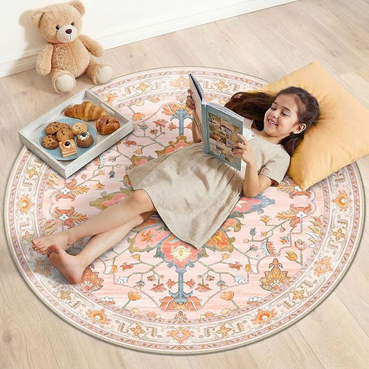 RELEANY Area Rugs Round 4ft Washable Non-Slip, Floral Vintage Distress Print Pattern Medallion Carpet for Living Room Bedroom Dining Room, Light Pink Colorful