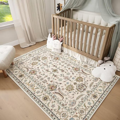 Washable 2x3 Entryway Rug, Boho Non-Slip Door Mat Vintage Distress Small Rugs for Kitchen Nursery Office Bedroom, 0.3" Neutral Oriental Throw Carpet with Cushioning Pad, Beige/Rust/Multi, B1