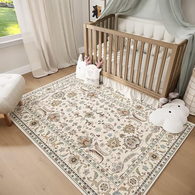 Washable 4x6 Rugs for Living Room, Boho Non-Slip Vintage Distress Small Rugs for Bedroom Nursery Office, 0.3" Neutral Oriental Throw Thin Carpet with Cushioning Pad, Beige/Rust/Multi, B1