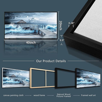 ERQINHUA Wall Decor For Living Room Canvas Wall Art For Bedroom Office Blue Wave Landscape Painting Black Frame Murals Artwork For Modern Stretched and Framed Beach Posters Home Decor 20"X40"