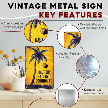 Coconuts Vintage Sign Caution! Falling Coconuts Metal Tin Sign for Lounge Welcome Pool Hot Tub Happy Hour Island Décor 8x12inch