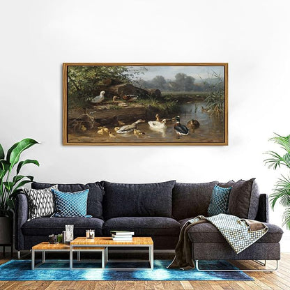 Framed Vintage Animal Wall Art Countryside Duck Wall Decor Rustic Duck Scenic Picture Canvas Prints Painting Abstract Nature Funny Poster Artwork for Living Room Bedroom Office Home Decorations 30x57.8"
