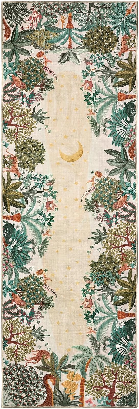 GarveeHome 2.5x8 Jungle Hallway Runner Rug, Soft Beige Animal Long Kitchen Runner Non Slip Entryway Rug Farmhouse Thin Laundry Mat Stain Resistant Carpet for Bathroom Beside