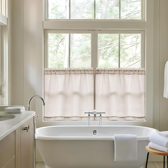 Linen Textured Bathroom Window Curtains 36 Inch Length Short Kitchen Curtain Semi Sheer Farmhouse Boho Curtains 2 Panels Tan Beige Light Coffee for Cafe Bedroom Rod Pocket Drapes W30xL36