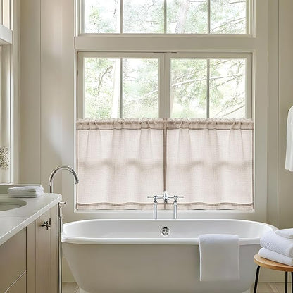 Linen Textured Bathroom Window Curtains 36 Inch Length Short Kitchen Curtain Semi Sheer Farmhouse Boho Curtains 2 Panels Tan Beige Light Coffee for Cafe Bedroom Rod Pocket Drapes W30xL36