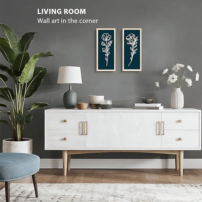 VIYYIEA Wooden 3d Floral Bathroom Wall Decor, Ready-to-Hang Framed Wall Art For Living Room, Bedroom and Office, Boho Botanical Farmhouse Decoration, Lightweight but Valuable Gift (7x16 In, set of 2)