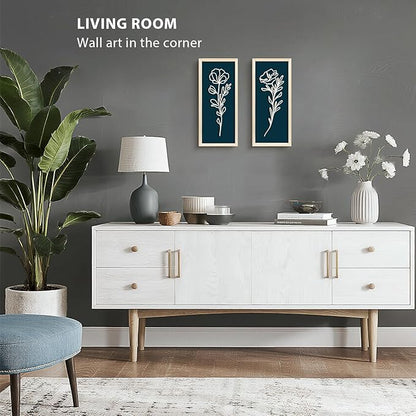 VIYYIEA Wooden 3d Floral Bathroom Wall Decor, Ready-to-Hang Framed Wall Art For Living Room, Bedroom and Office, Boho Botanical Farmhouse Decoration, Lightweight but Valuable Gift (7x16 In, set of 2)