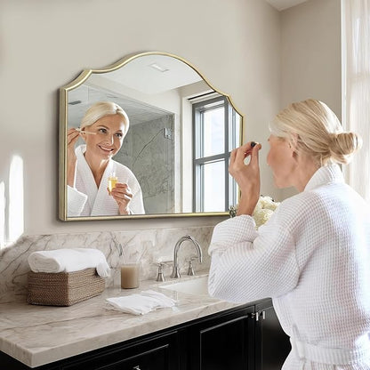 Besdomus Gold Scalloped Mirror for Vanity: 32"x24" Modern Minimalist Wooden Bathroom Mirror - Decorative Dresser Wall for Mantel/Bedroom/Entryway/Hallway - Ideal for 20-55 Age Fashion Women