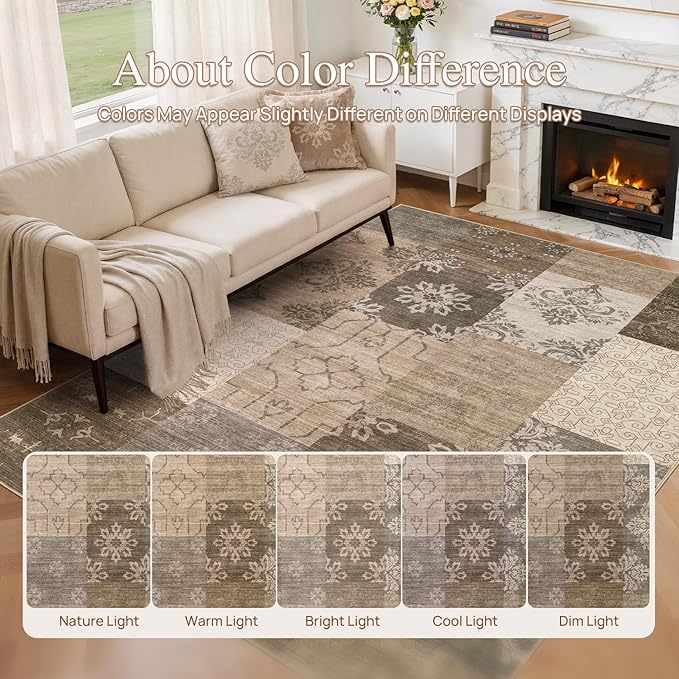 UERMEI 8x10 Area Rug Washable, Brown Modern Geometric Rugs for Living Room, Non-Slip Patchwork Carpet, Stain Resistant Low-Pile Foldable Rug for Bedroom Dining Room - Warm Brown