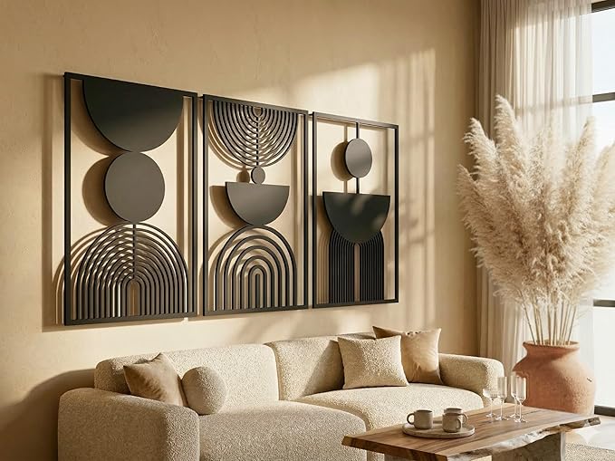 Vailla Boho Minimalist Wall Art, Set of 3 Wooden Wall Decoration, Mid-Century Modern Wall Decor, Large 3D Textured Sculptures, Bohemian Style - Ideal for Living Room, Bedroom, Bathroom