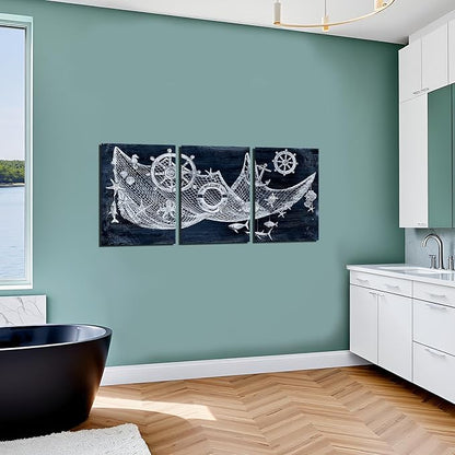 sechars Nautical Wall Art Decor Fishing Net with Seashells Ship Wheel Painting Pictures Navy Blue Bathroom Bedroom Lake House Decoration (Small)