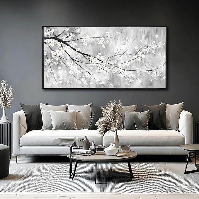 WINKAILIN White Black and Gold Plum Blossom Canvas Wall Art with Black Frame 24"x48" Floral Artwork Modern Botanical Wall Decor for Bedroom Living Room Office Kitchen