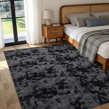 FinRèc 4x6 Washable Area Rugs for Bedroom Living Room, Low Pile Thin Ultra Soft Shag Rug, Non-Slip Carpet Indoor for Home Decor (Tie-dye Dark Grey)