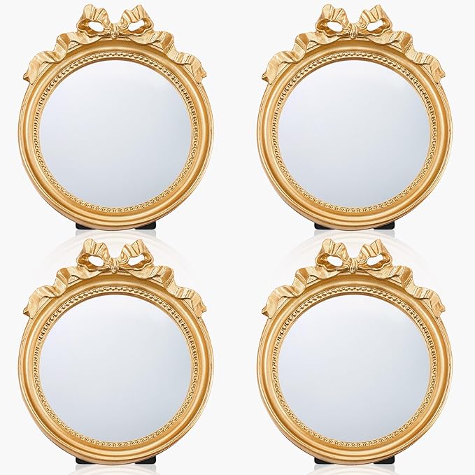 Threehoney 4 Pack Portable Small Vintage Gold Bow Mirror 4.1" Round Vintage Makeup Desk Mirror for Bedroom, Bathroom, Table Decoration