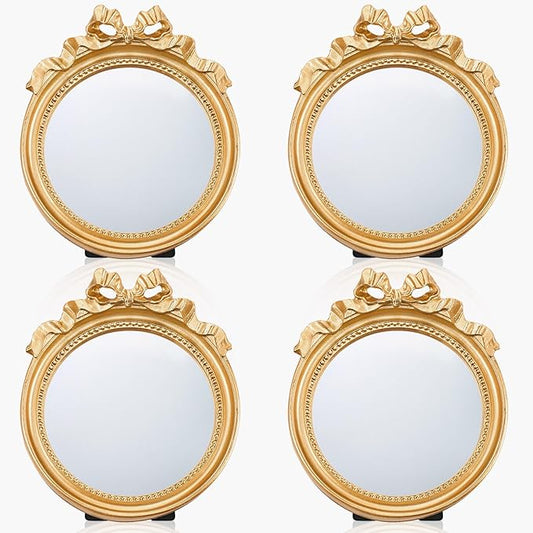 Threehoney 4 Pack Portable Small Vintage Gold Bow Mirror 4.1" Round Vintage Makeup Desk Mirror for Bedroom, Bathroom, Table Decoration