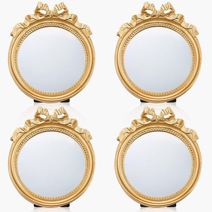 Threehoney 2 Pack Portable Small Vintage Gold Bow Mirror 4.1" Round Vintage Makeup Desk Mirror for Bedroom, Bathroom, Table Decoration
