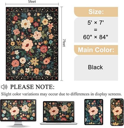 DUKINO 5x7 Area Rug, Floral Design, Lightweight Non Slip Washable, Indoor Low Pile & Non-Shedding Boho Rug for Bedroom, Living Room, Dining Room, Black