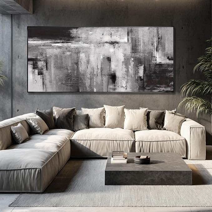 Large Framed Black and Grey Wall Art for Living Room,Neutral Abstract Canvas Wall Decor Modern Canvas Prints for Bedroom Office 32"x70"