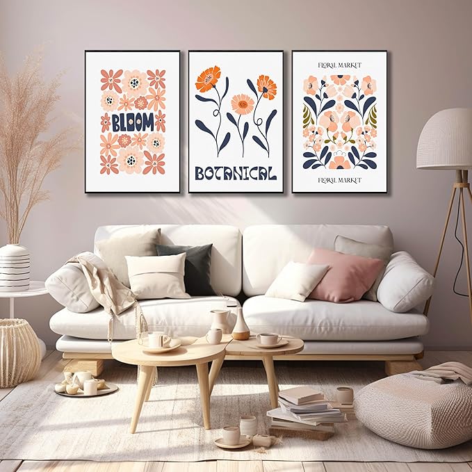 Framed Floral Canvas Wall Art Set of 3, Rustic Botanical Canvas Paintings Prints ArtWork for Living Room, Vintage Flower Pictures for Farmhouse Dining Room Hallway Bedroom Wall Decor 24"x36"