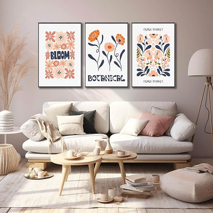 Framed Floral Canvas Wall Art Set of 3, Rustic Botanical Canvas Paintings Prints ArtWork for Living Room, Vintage Flower Pictures for Farmhouse Dining Room Hallway Bedroom Wall Decor 24"x36"