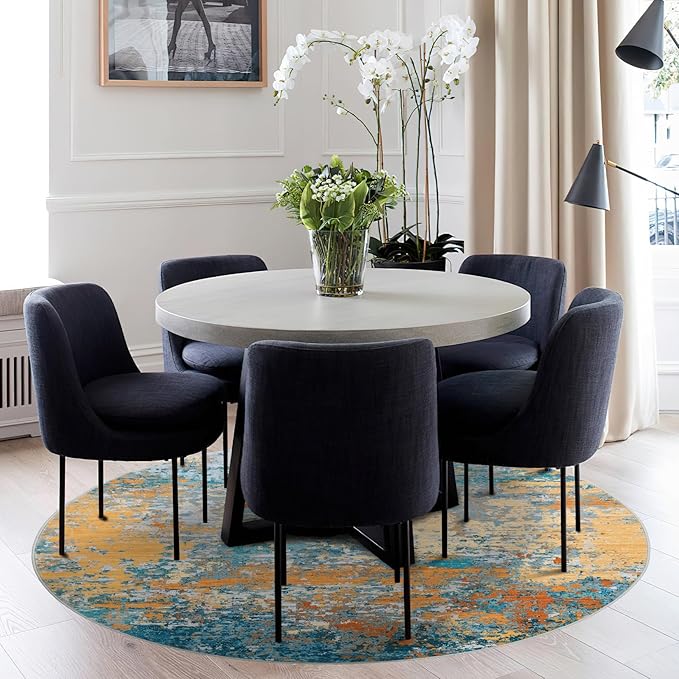 ROYHOME Modern Abstract 6x6 Round Area Rug Non Slip Non Shedding Rug Low Pile Stain Resistant for Bedroom Living Room Office Dining Room,Multi Color