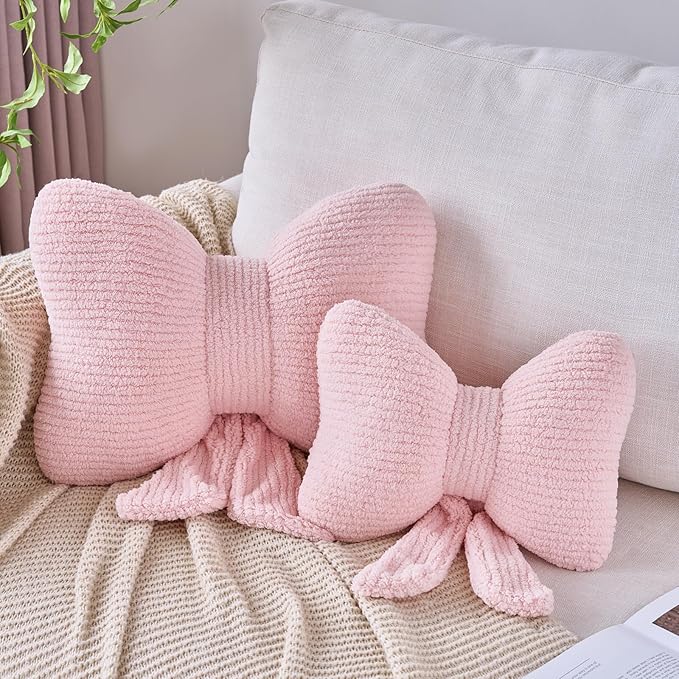 Bow Pillow, Decorative Throw Pillows with Soft Plush, Bow Throw Pillow for Couch Bed, Home Decor Bow Shaped Pillow for Bedroom Living Room (Pink, 12 Inches)