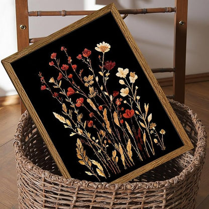 JLTULT Vintage Floral on Black Background Canvas Wall Art, Elegant Dark Wildflower Wall Decor, Botanical Painting Art Prints for Bedroom Bathroom Living Room Office 12x16 In Wood Framed Easy to Hang
