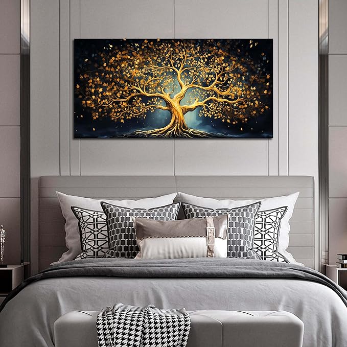 Ouzzlie Gold Picture Wall Decor for Bedroom Tree Canvas Art Black Wall Art for Office Dining Room Large Print Living Room 24"x 48"