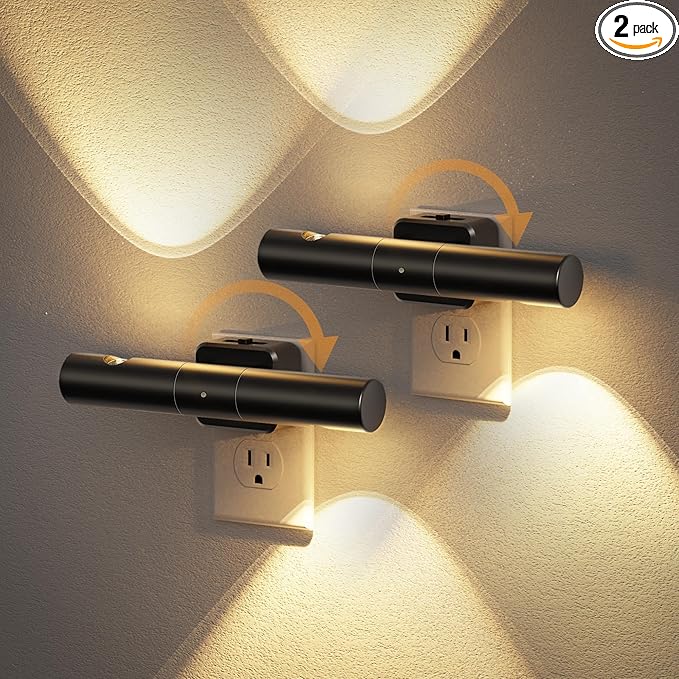 JandCase LED Night Lights Plug into Wall, Dusk-to-Dawn Sensor & 0-100LM Adjustable Brightness, Modern Night Lights with 180° Rotatable Plug, 3000K Soft White, for Bathroom/Hallway/Bedroom, 2 Pack