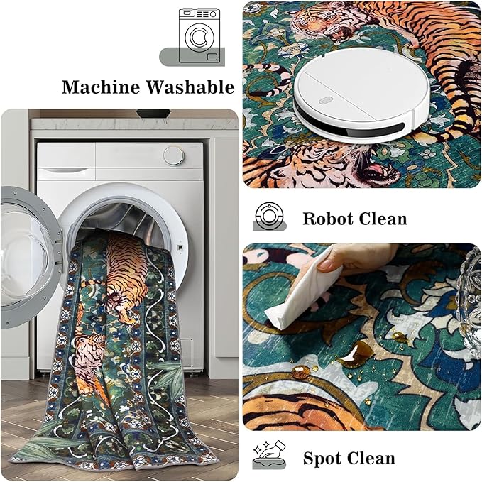 Tiger Washable Area Rugs 6x9 Green, Boho Accent Jungle Rugs for Living Room, Soft Bedroom Area Carpet, Thin Botanical Floor Carpets for Dining Room Nursery Dorm Kids Playroom Farmhouse Office