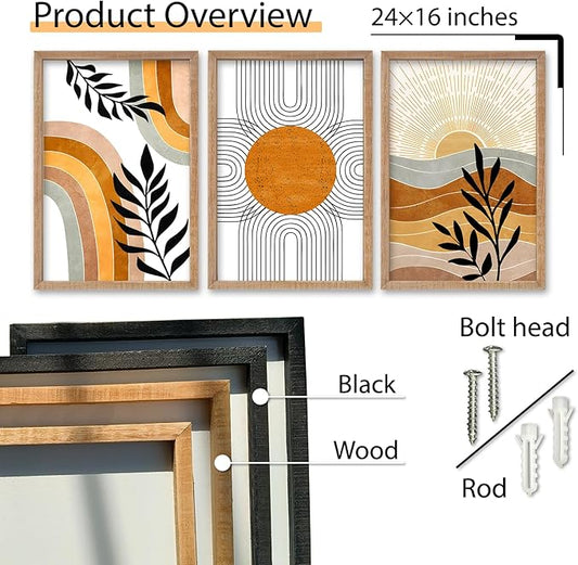 SRSZHIYUE Boho Art Wall Decor Wooden Framed 24x16 Inch Set of 3 Geometric Sun Desert Plant Wall Art for Bedroom Living room Hanging (Wood)