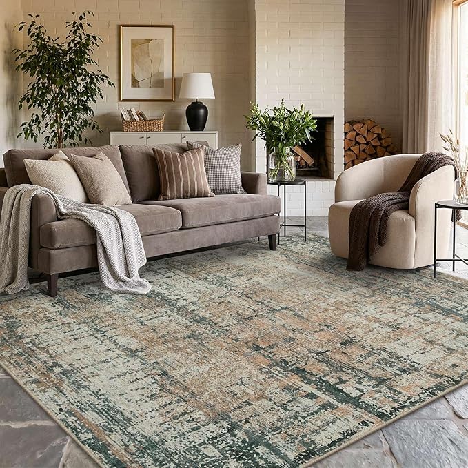 Rugxara 6x9 Washable Area Rug for Living Room, Modern Abstract Large Boho Rugs for Office, Dining Room, Kids Room, Farmhouse, Durable Low Pile Non Slip Carpet for High Traffic Areas, Moss
