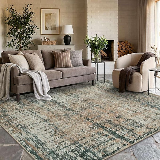 Rugxara 6x9 Washable Area Rug for Living Room, Modern Abstract Large Boho Rugs for Office, Dining Room, Kids Room, Farmhouse, Durable Low Pile Non Slip Carpet for High Traffic Areas, Moss