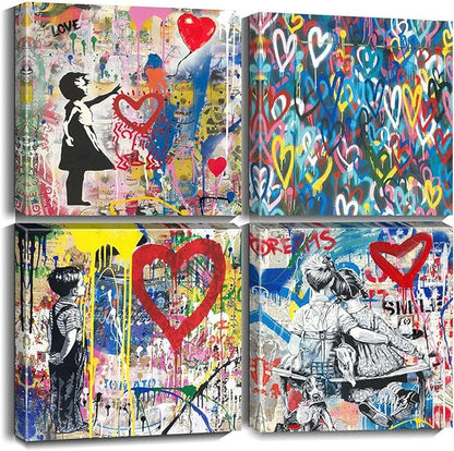 Biufo Banksy Canvas Wall Art Pictures Pop Graffiti Street Art Painting Artwork for Bedroom Living Room Wall Decor (16"x16"x4Pcs)