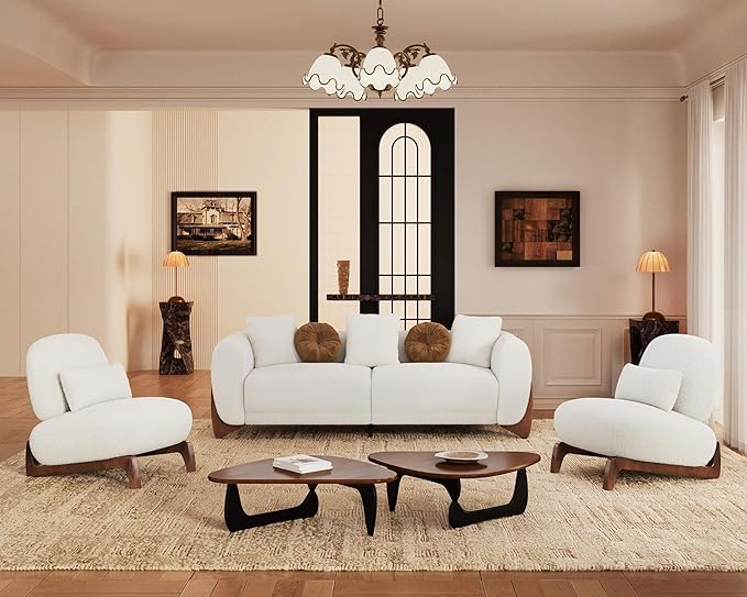 Morden Fort Modern Boucle Armless Accent Chair, Tilted Wood Legs, Thick Cushion, Lumbar Pillow, Off White, Living Room