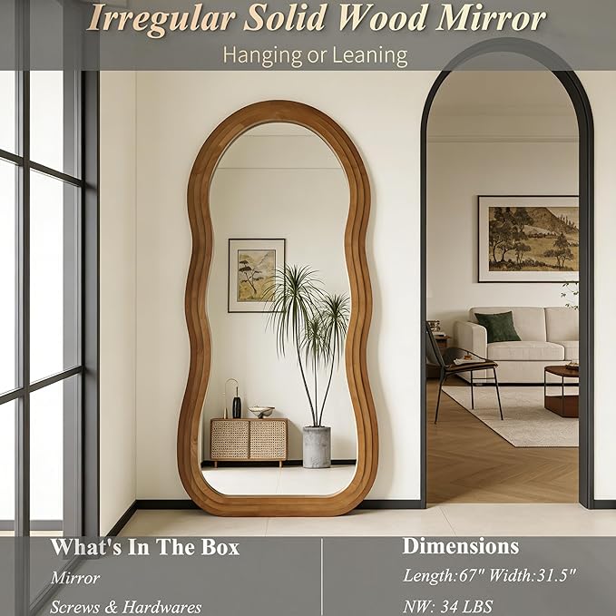 Wavy Full Length Mirror, 67"x31.5" Irregular Aesthetic Mirrors with Triple Layer Solid Wood Frame, Premium Organic Floor Mirror for Living Room Entryway Hallway Cloakroom, Leaning/Hanging