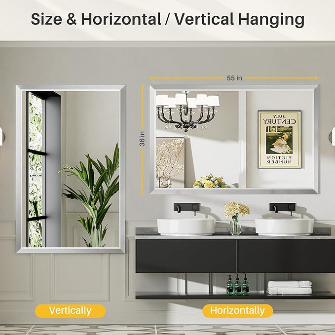 55x30 Inch Brushed Silver Bathroom Mirror for Wall, Thick Metal Framed Rectangle Mirrors for Over Sink, Bedroom, Living Room, Entryway, Anti-Rust, HD Tempered Glass